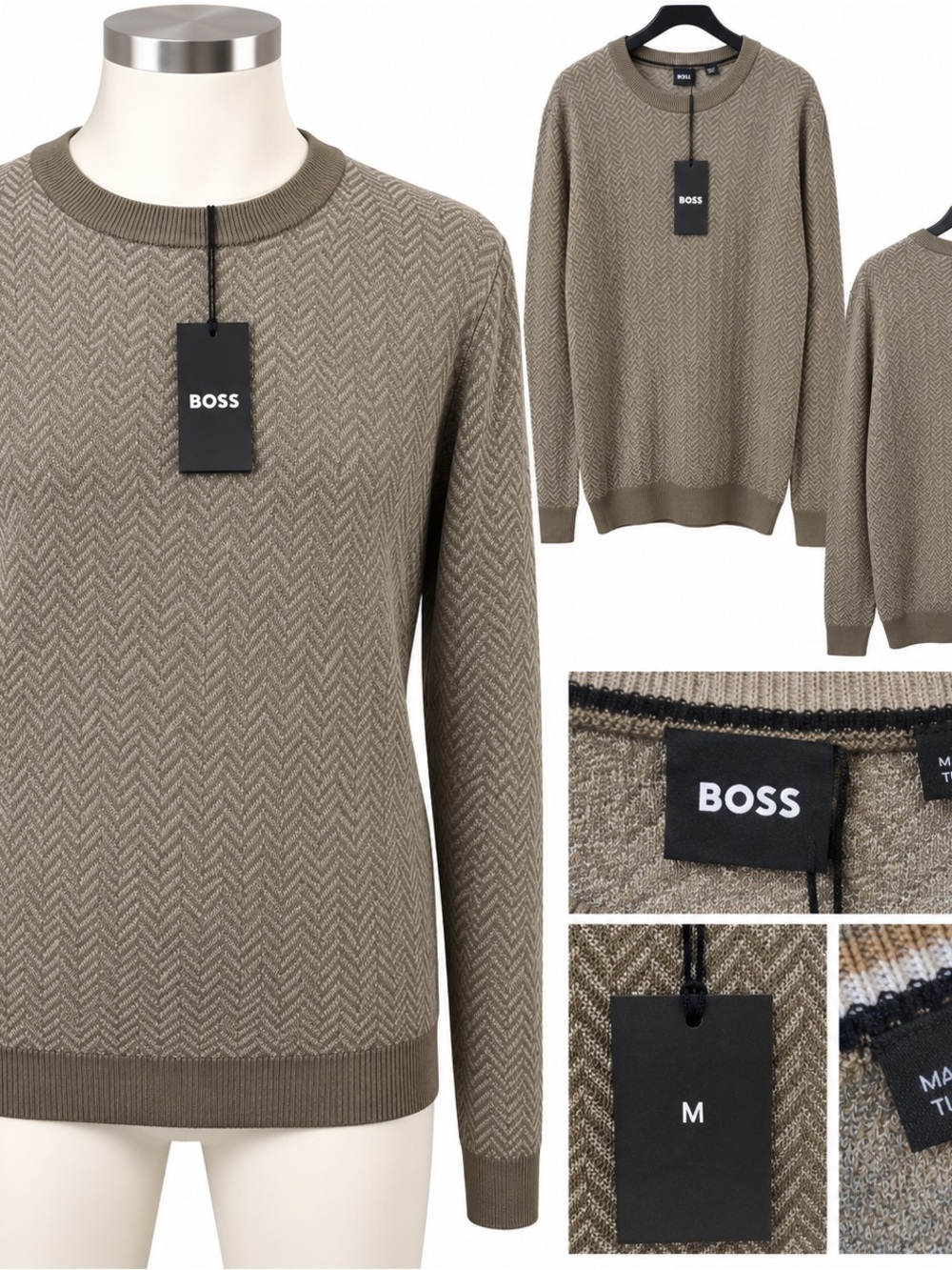 BOSS Men's Taupe Herringbone Crewneck Sweater